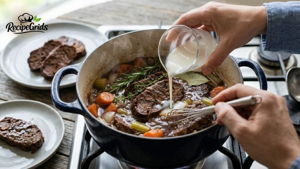 Pouring a cornstarch slurry into a simmering blue Dutch oven to thicken the gravy for vegan braised mock chuck.