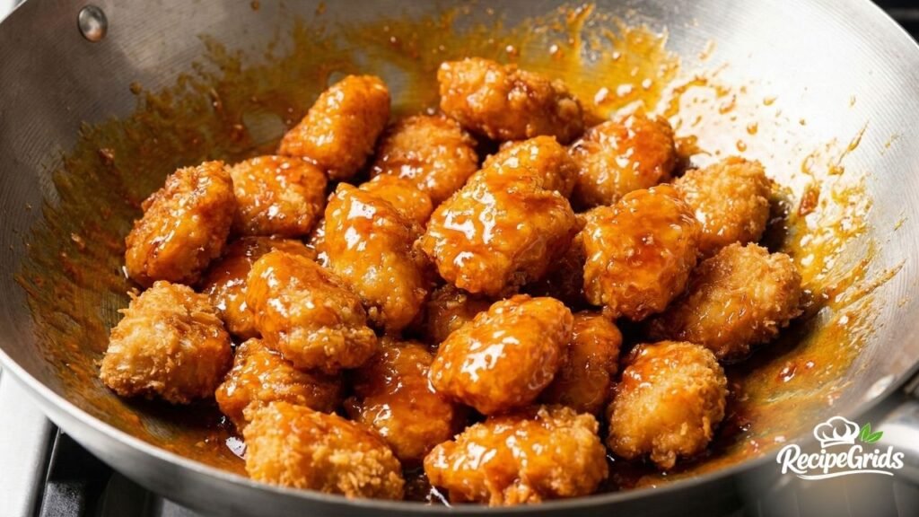 Crispy fried coconut chicken pieces being tossed in a sticky, glossy orange sauce inside a metal wok.