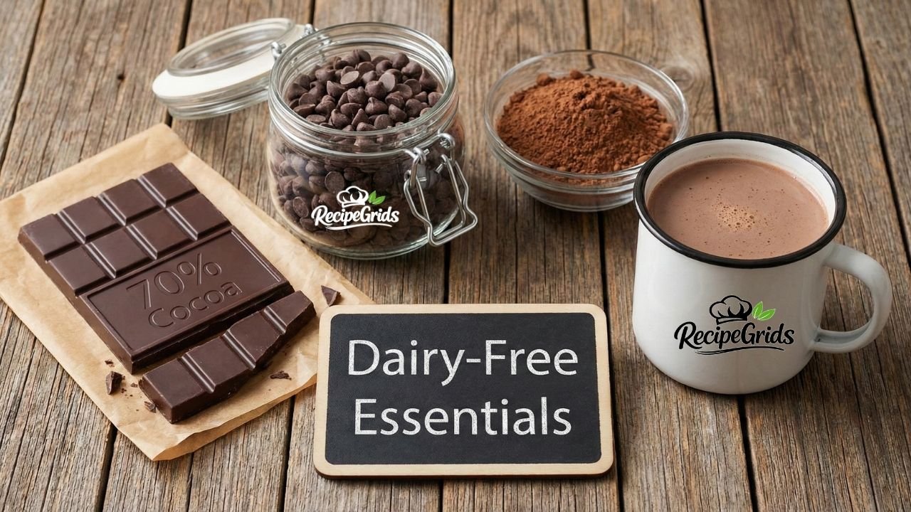 A rustic wooden table displaying various dairy-free chocolate essentials, including an open 70% cocoa dark chocolate bar, a jar of dairy-free chocolate chips, a bowl of cocoa powder, and a mug of hot chocolate next to a chalkboard sign reading "Dairy-Free Essentials."