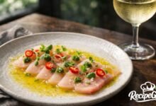 A final plated Yuzu Hamachi Crudo featuring thinly sliced raw yellowtail drizzled with yuzu sauce, garnished with Fresno chili slices, cilantro-jalapeño puree dollops, microgreens, and flaky sea salt, with a glass of white wine to the side and the RecipeGrids logo in the corner.