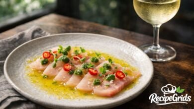 A final plated Yuzu Hamachi Crudo featuring thinly sliced raw yellowtail drizzled with yuzu sauce, garnished with Fresno chili slices, cilantro-jalapeño puree dollops, microgreens, and flaky sea salt, with a glass of white wine to the side and the RecipeGrids logo in the corner.