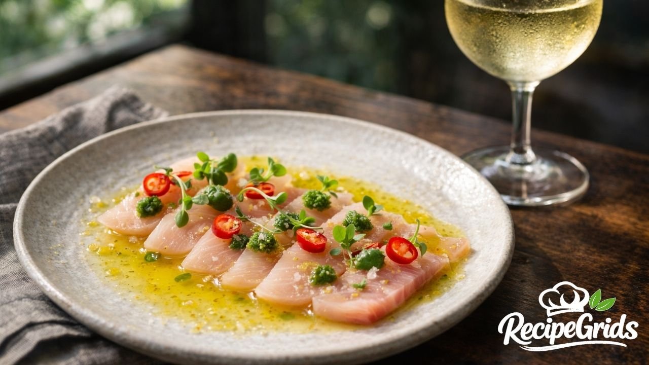 A final plated Yuzu Hamachi Crudo featuring thinly sliced raw yellowtail drizzled with yuzu sauce, garnished with Fresno chili slices, cilantro-jalapeño puree dollops, microgreens, and flaky sea salt, with a glass of white wine to the side and the RecipeGrids logo in the corner.