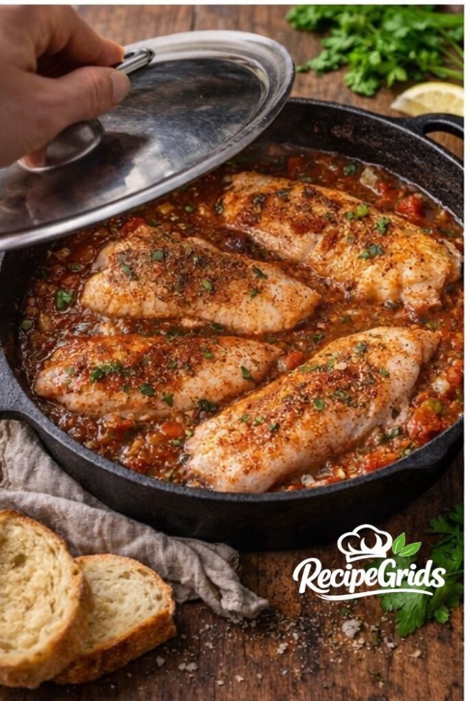 acadian redfish cooking in cajun tomato sauce in skillet