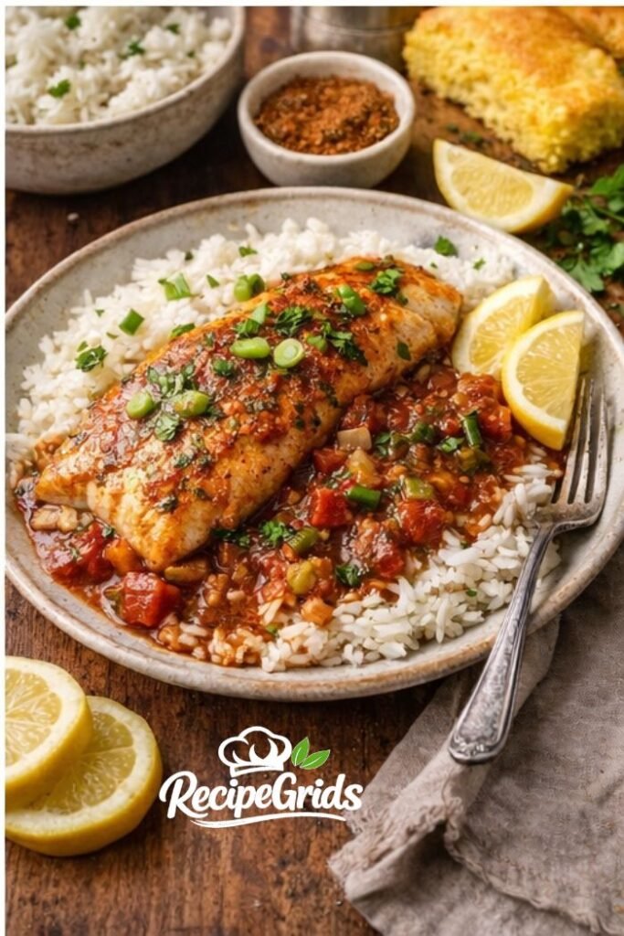 acadian redfish recipe served with rice and cajun tomato sauce