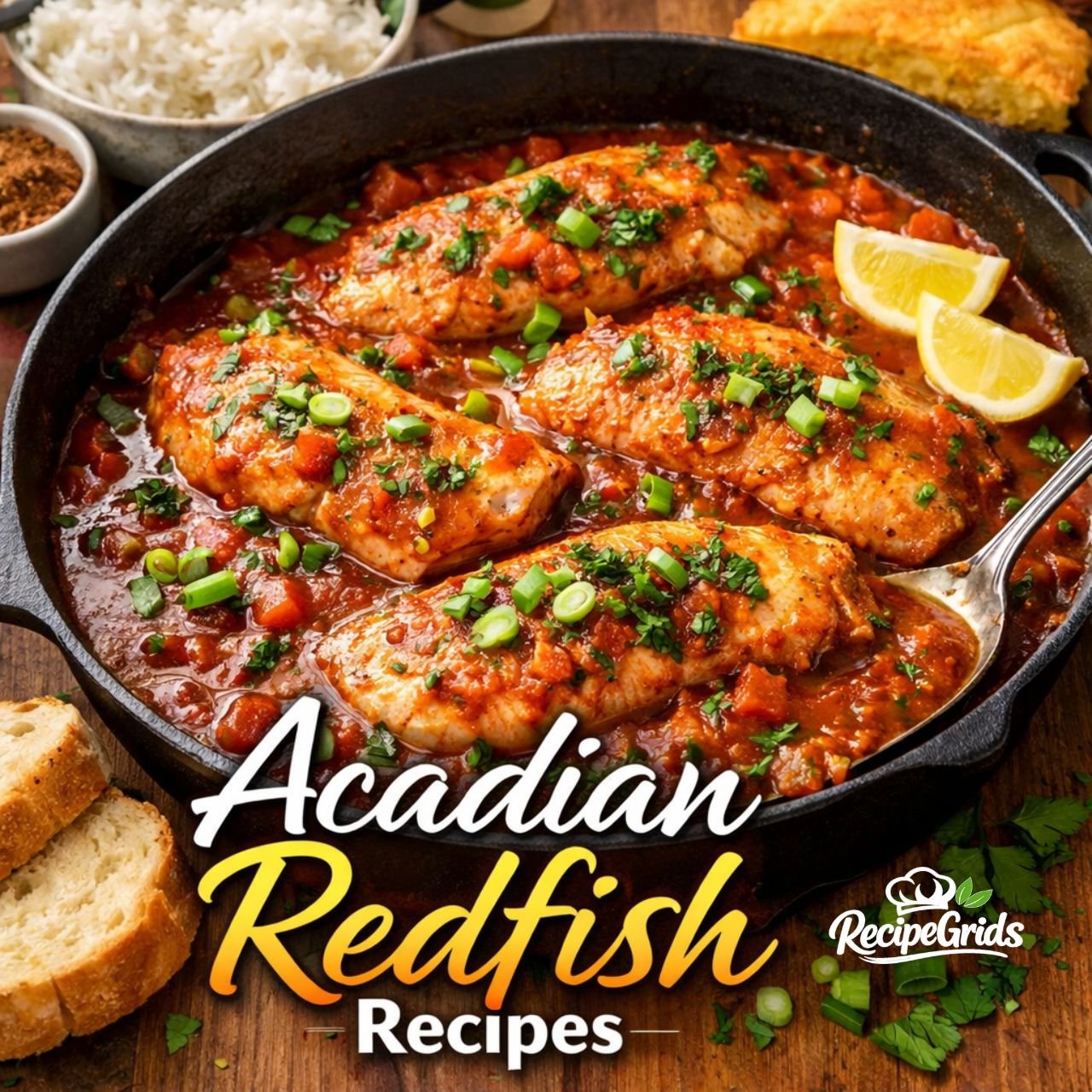 Acadian redfish recipes cooked in Cajun tomato sauce served in a skillet with rice and cornbread