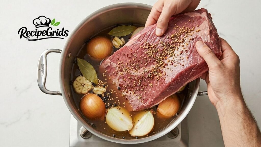 Chef's hands placing a raw corned beef brisket covered in pickling spices into a large stainless steel pot filled with braising broth, quartered onions, smashed garlic, and bay leaves.