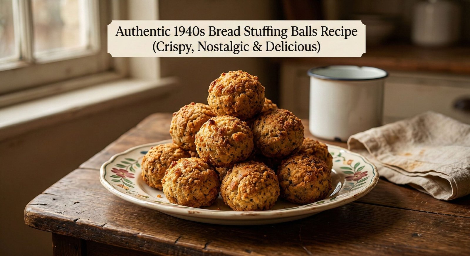 A close-up photograph of a stack of golden-brown, baked bread stuffing balls on a patterned plate, with a title overlay reading "Authentic 1940s Bread Stuffing Balls Recipe (Crispy, Nostalgic & Delicious)" against a rustic kitchen backdrop.