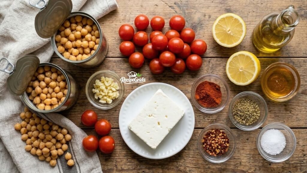 An overhead flat lay photograph of raw ingredients for a Baked Feta with Chickpeas and Cherry Tomatoes recipe, organized on a rustic wooden table by RecipeGrids. It includes open cans of chickpeas, a block of feta cheese on a small plate, whole cherry tomatoes, a halved lemon, a bottle of olive oil, and glass bowls containing minced garlic, smoked paprika, chili flakes, oregano, salt, and honey. The RecipeGrids logo is visible near the center.