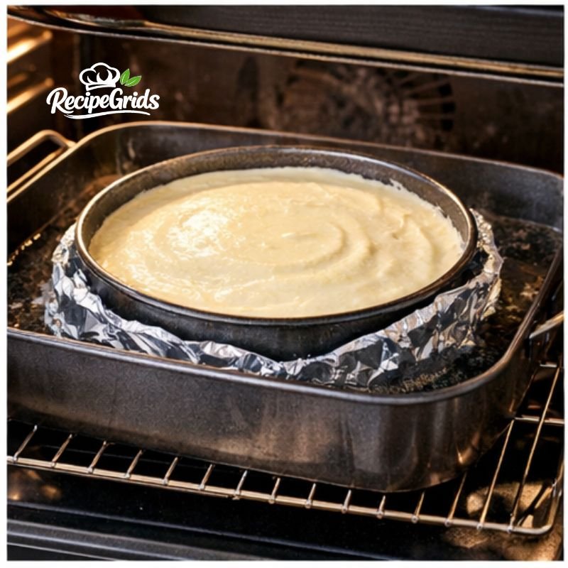 Greek yogurt cheesecake baking in a springform pan inside a water bath in the oven