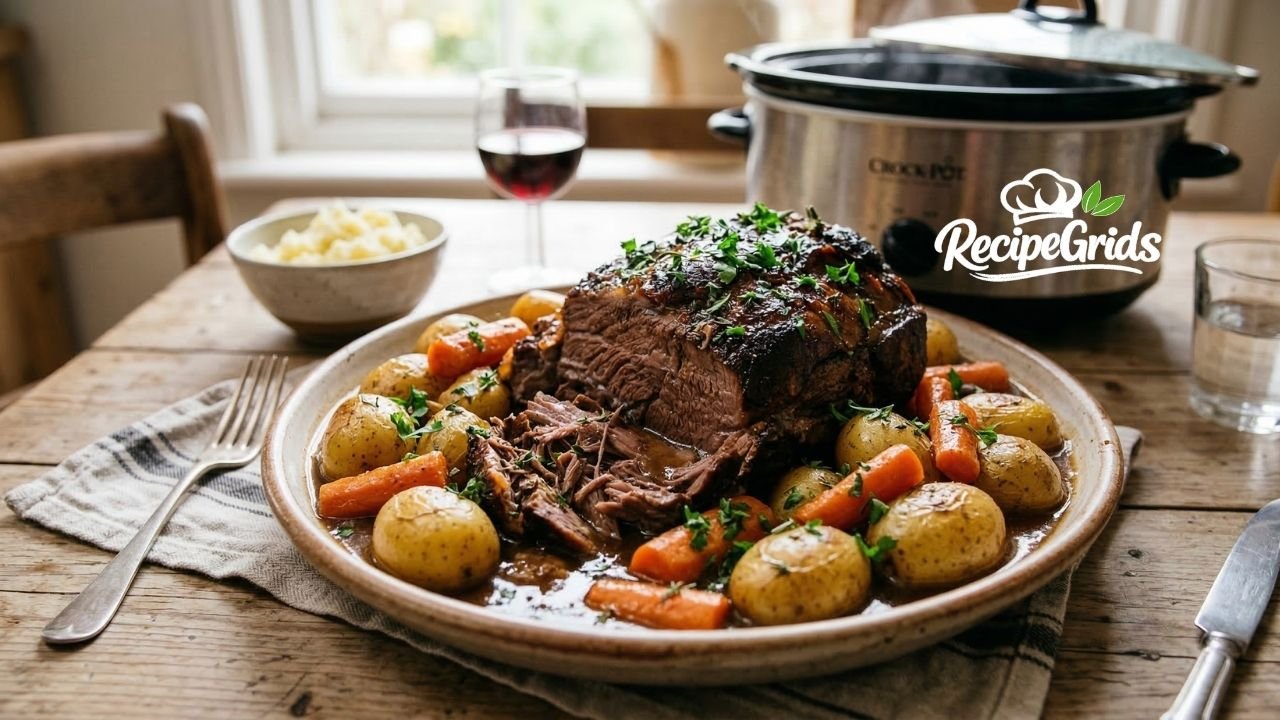 A tender slow cooker rump roast recipe served on a rustic platter with baby potatoes, carrots, and rich savory gravy, with a crock pot in the background.