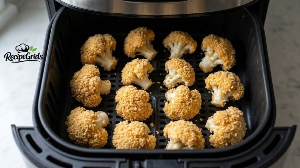 Panko breaded cauliflower florets arranged in a single layer inside a black air fryer basket, ready to be cooked.