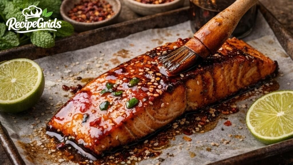 A close-up of a wooden pastry brush spreading a thick, glossy pomegranate and hot honey glaze over a baked salmon fillet. The salmon rests on parchment paper on a baking sheet, sprinkled with toasted sesame seeds and chopped green onions, with fresh lime halves nearby.