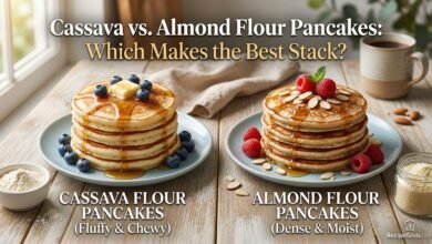 A side-by-side comparison chart by RecipeGrids.com showing two stacks of gluten-free pancakes. The left stack is fluffy cassava flour pancakes topped with blueberries, and the right stack is dense almond flour pancakes with raspberries and sliced almonds.