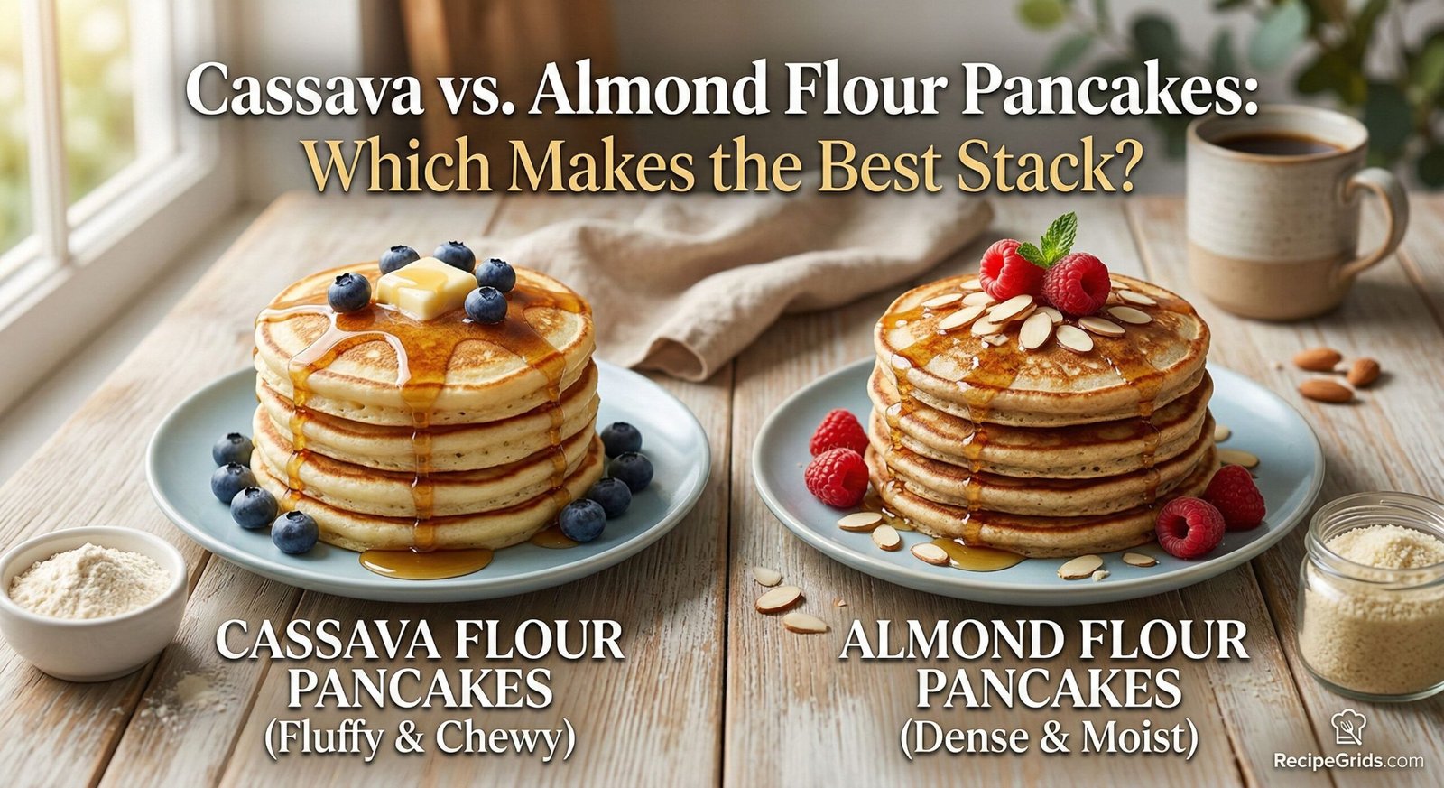 A side-by-side comparison chart by RecipeGrids.com showing two stacks of gluten-free pancakes. The left stack is fluffy cassava flour pancakes topped with blueberries, and the right stack is dense almond flour pancakes with raspberries and sliced almonds.