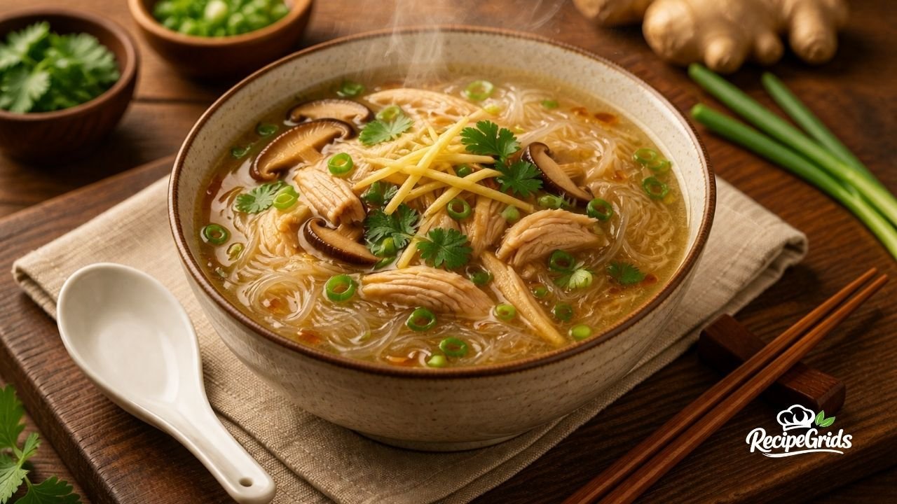 Chicken long rice recipe served in a bowl with shredded chicken, glass noodles, shiitake mushrooms, and ginger broth garnished with green onions