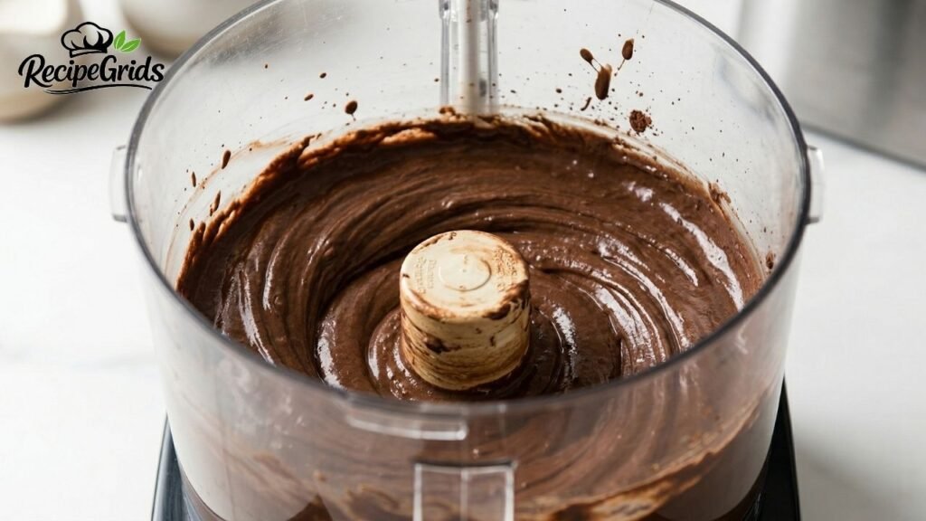 Clear food processor bowl blending a rich, smooth chocolate mousse or batter, showing perfect concentric swirls around the central hub, with the RecipeGrids logo in the top left. Splatters on the inner walls indicate active processing.