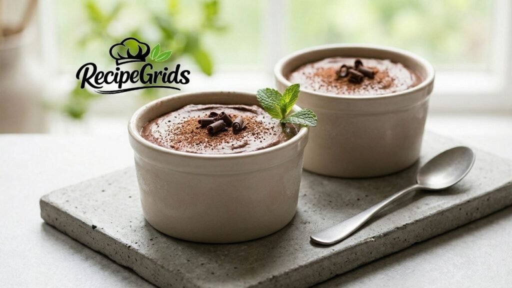 A photo of two ramekins filled with rich chocolate mousse, garnished with dark chocolate shavings and fresh mint leaves. The ramekins are placed on a textured grey concrete slab on a light surface, with a vintage silver spoon to the right. The background is a bright window with blurred green foliage. The RecipeGrids logo is visible in the upper left corner.