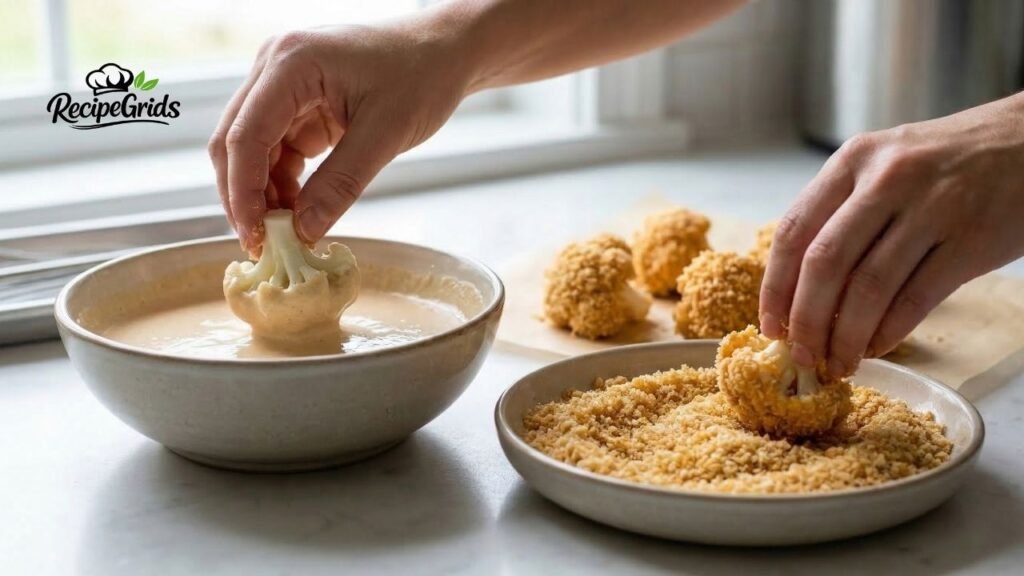 Hands dipping a fresh cauliflower floret into a wet vegan batter and rolling it in a bowl of dry Panko breadcrumbs to make crispy air-fried wings.