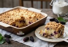 A freshly baked mulberry crumb cake in a ceramic pan with one slice missing, next to a plated slice with a fork and fresh mulberries on a rustic wooden table.