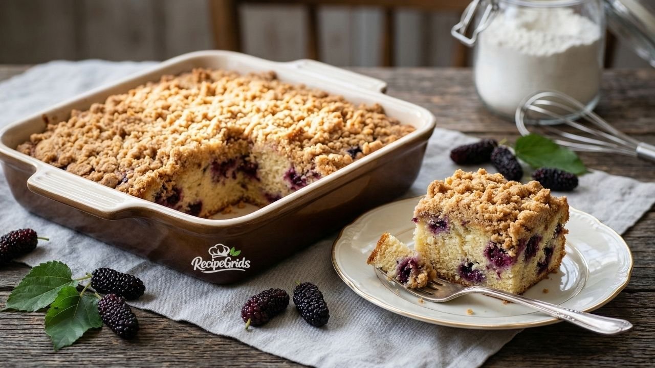 A freshly baked mulberry crumb cake in a ceramic pan with one slice missing, next to a plated slice with a fork and fresh mulberries on a rustic wooden table.