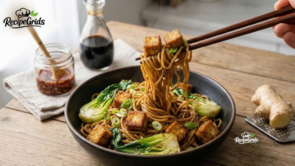 Chopsticks lifting a portion of Ginger Sesame Noodles with Crispy Tofu and bok choy from a dark bowl, showcasing a quick recipe jalbiteworldfood by RecipeGrids.