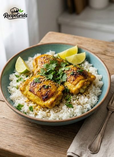 A blue bowl filled with coconut rice and golden turmeric chicken, garnished with fresh cilantro, sesame seeds, and lime wedges. A quick recipe jalbiteworldfood by RecipeGrids.