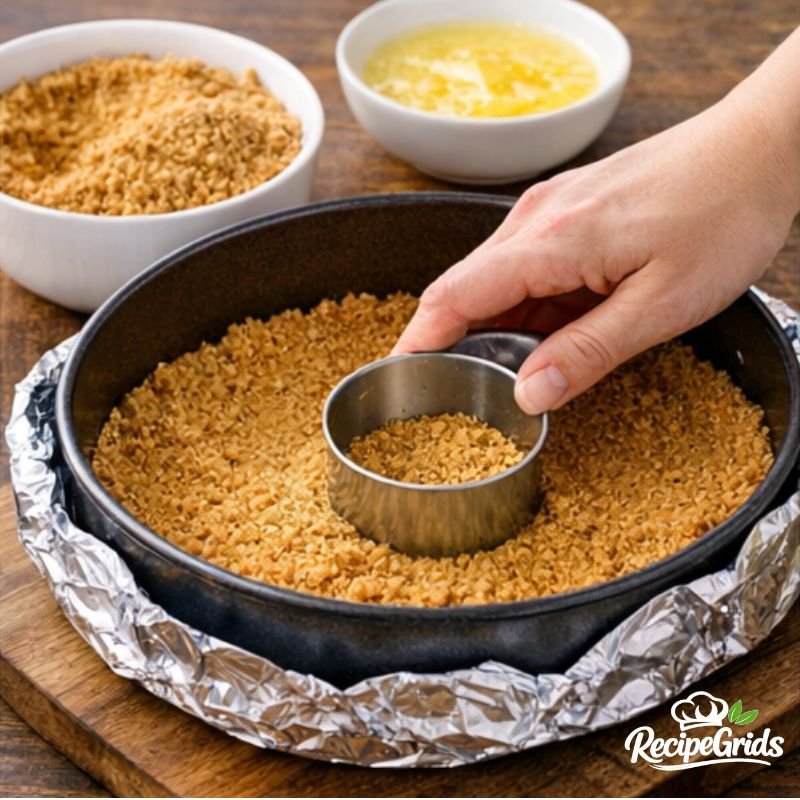 Pressing graham cracker crust into a springform pan for Greek yogurt cheesecake