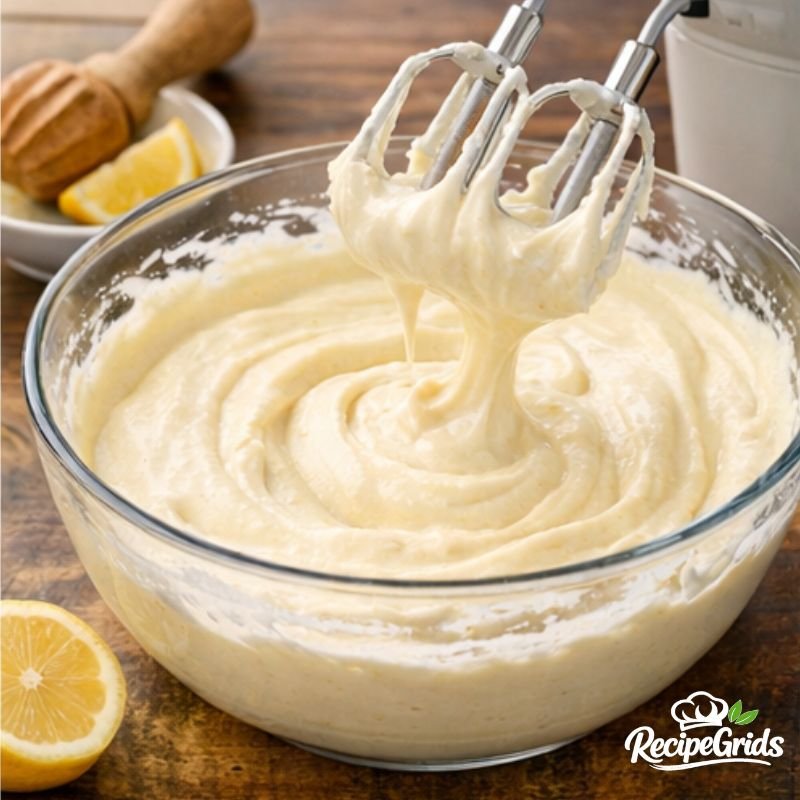 Smooth cheesecake batter made with Greek yogurt and cream cheese being mixed in a glass bowl