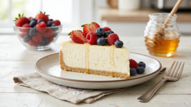 A delicious slice of Greek yogurt cheesecake topped with fresh strawberries, blueberries, raspberries, and a honey drizzle.