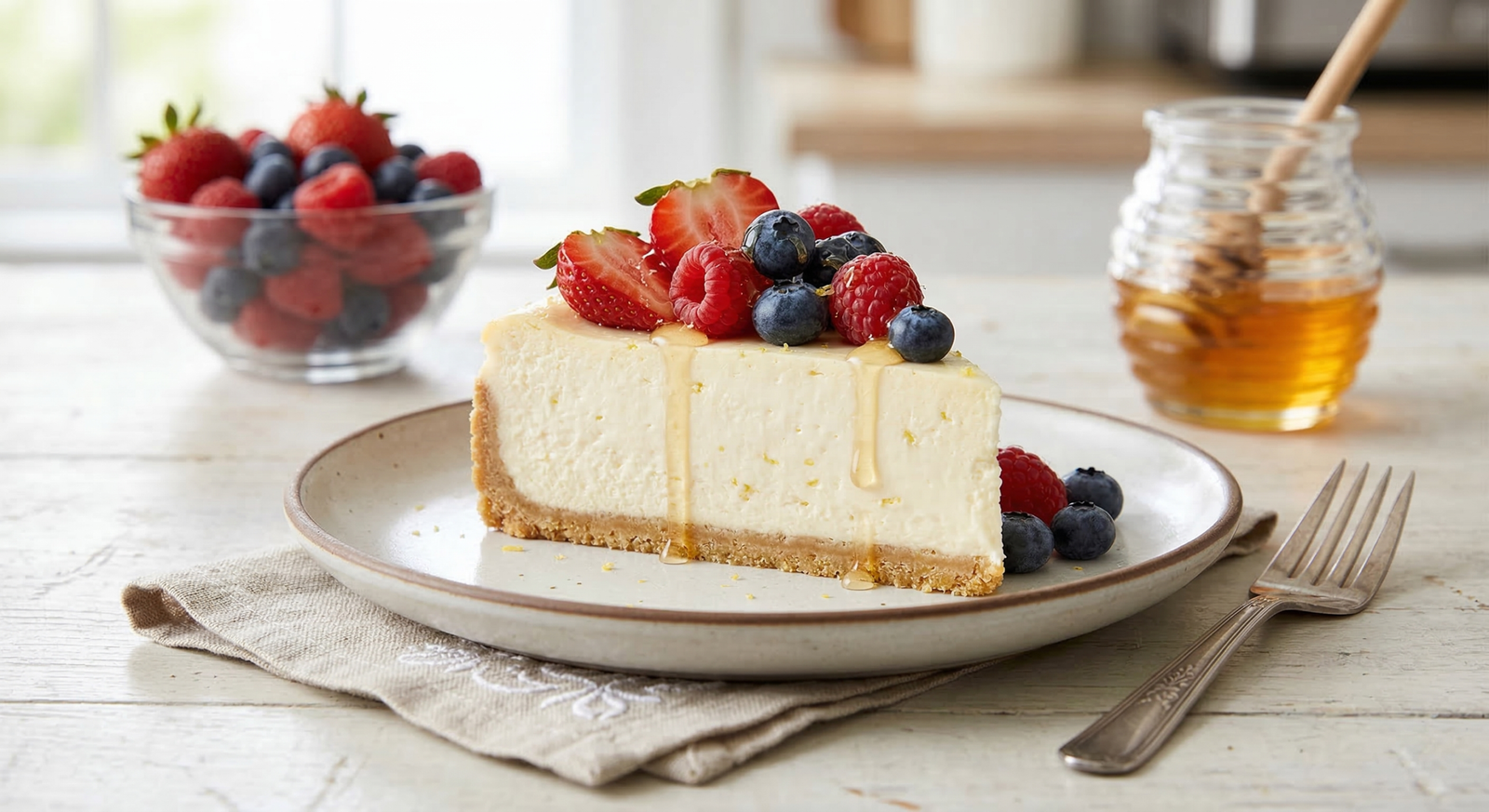 A delicious slice of Greek yogurt cheesecake topped with fresh strawberries, blueberries, raspberries, and a honey drizzle.