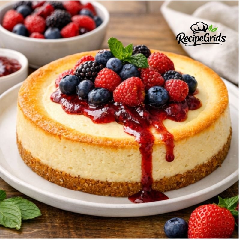 Creamy Greek yogurt cheesecake topped with fresh blueberries, raspberries, and berry sauce on a serving plate