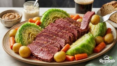 Perfectly sliced tender corned beef brisket served on a large platter with intact cabbage wedges, baby potatoes, and carrots. A glass of stout beer and mustard are in the background. Traditional recipe by AB Rehman.