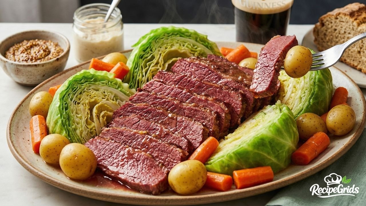Perfectly sliced tender corned beef brisket served on a large platter with intact cabbage wedges, baby potatoes, and carrots. A glass of stout beer and mustard are in the background. Traditional recipe by AB Rehman.