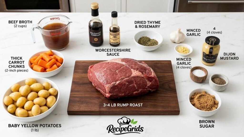 Raw beef rump roast on a wooden cutting board surrounded by prepped ingredients like baby yellow potatoes, chopped carrots, beef broth, and spices for a slow cooker recipe.