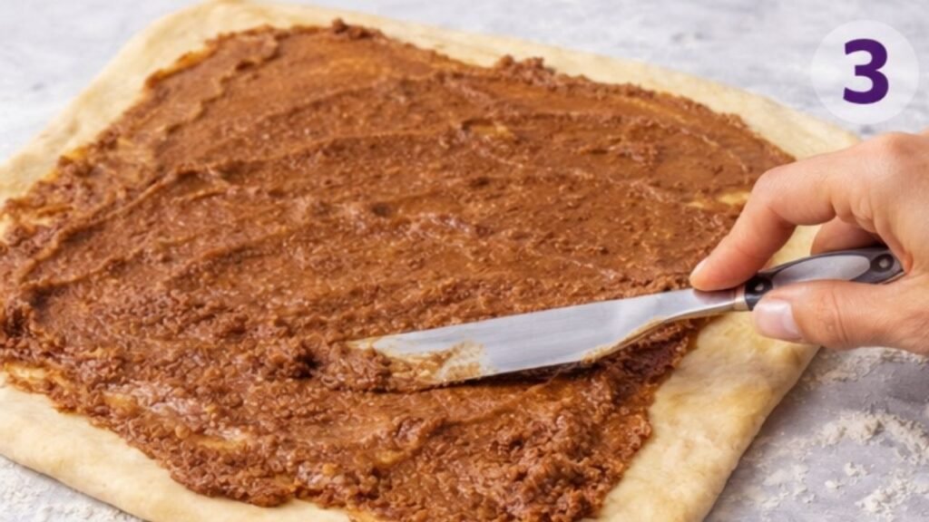 spreading cinnamon filling on king cake dough