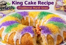 Traditional Mardi Gras king cake recipe with purple green and gold sugar icing