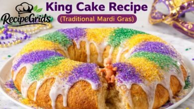 Traditional Mardi Gras king cake recipe with purple green and gold sugar icing