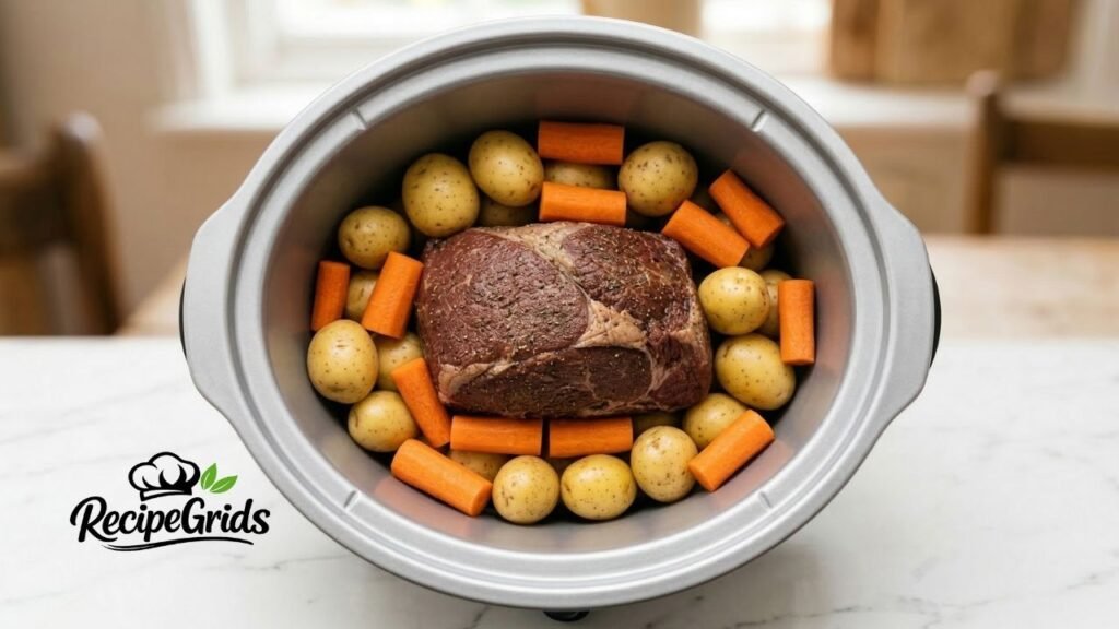 Top-down view of a seared beef rump roast surrounded by baby yellow potatoes and thick carrot chunks neatly arranged inside a slow cooker pot.