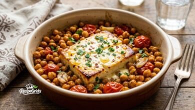 An appetizing shot of Mediterranean baked feta block surrounded by roasted chickpeas and cherry tomatoes in a stoneware dish on a rustic wooden table by RecipeGrids.