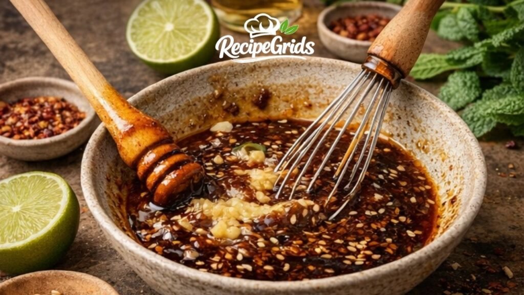 A close-up of a rustic ceramic bowl where a dark, glossy pomegranate and hot honey glaze is being mixed with a wire whisk and a wooden honey dipper. The rich marinade is speckled with white sesame seeds and minced garlic, with fresh lime halves and red chili flakes visible in the blurred background.