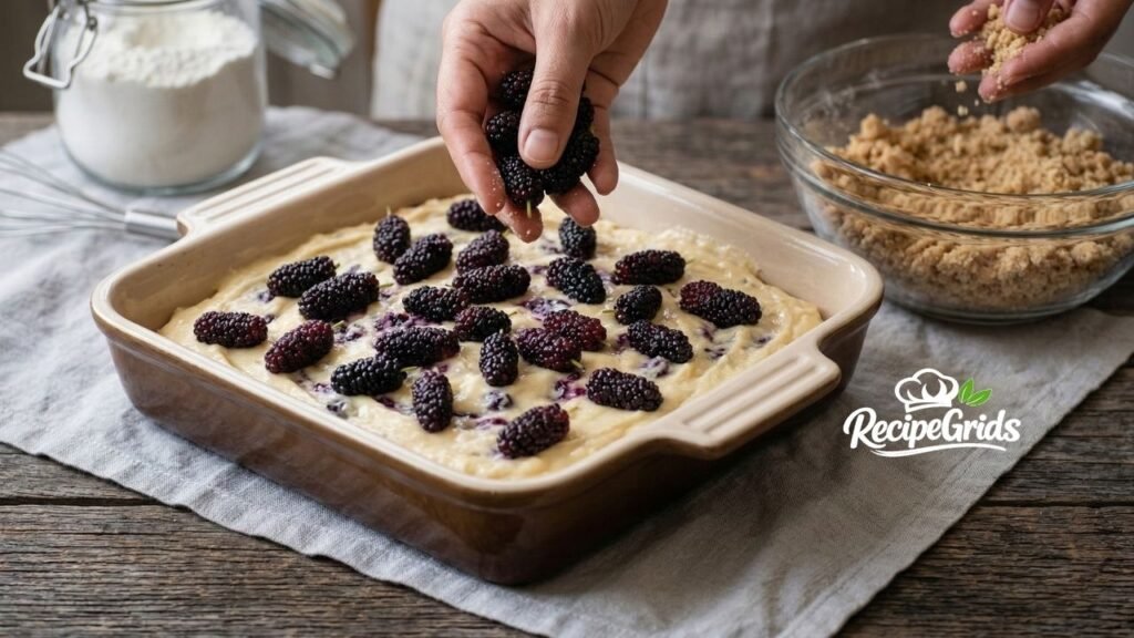 Plums of mulberries being hand-scattered onto cake batter in a ceramic baking dish, with flour and crumble toppings in the rustic kitchen background.