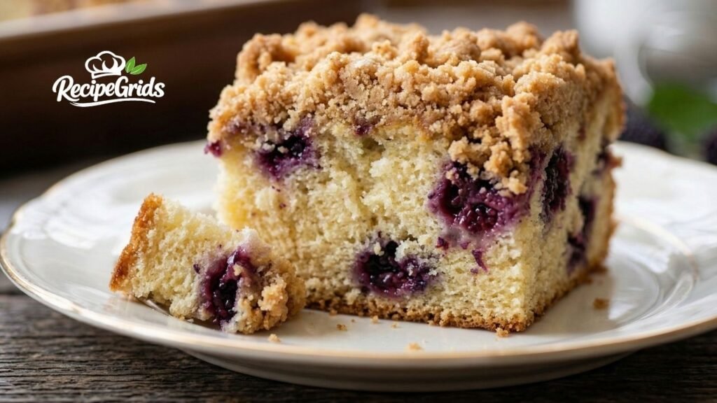 A close-up slice of old-fashioned mulberry cake with fresh berries and buttery crumb topping on a white plate.