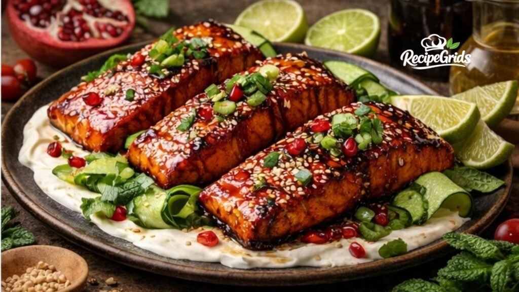 A beautifully plated dish featuring three glossy, caramelized pomegranate-glazed salmon fillets. The fish rests on a smooth bed of creamy yogurt and fresh cucumber ribbons, garnished with vibrant red pomegranate arils, toasted sesame seeds, and chopped scallions. Fresh limes and a split pomegranate are visible in the background.