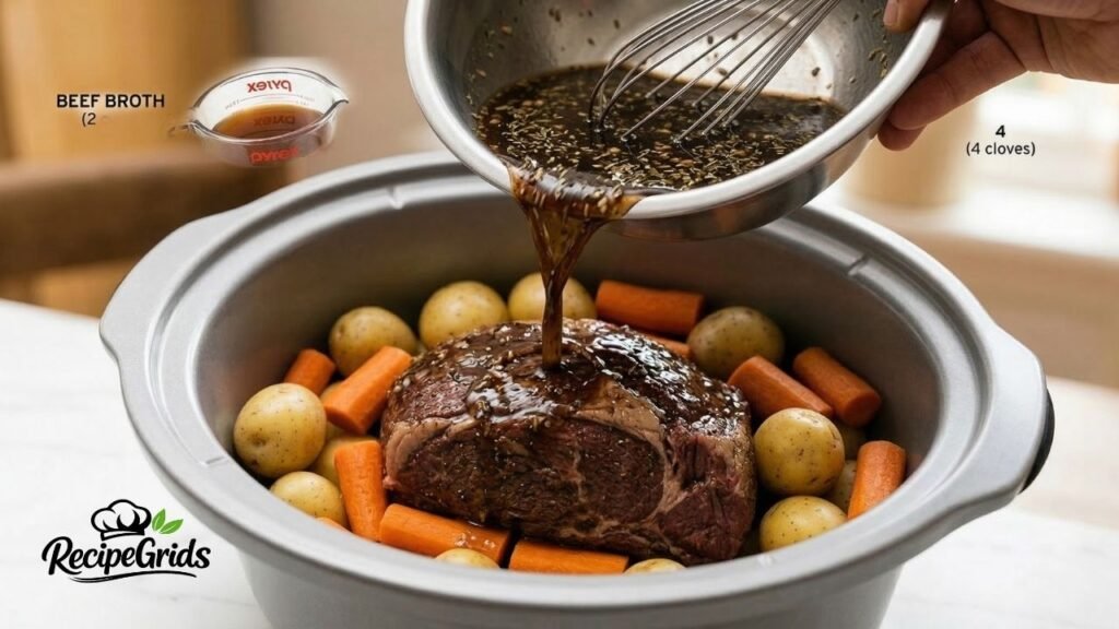A hand pouring a dark, savory herb and beef broth mixture over a beef rump roast, baby potatoes, and thick carrots inside a slow cooker.