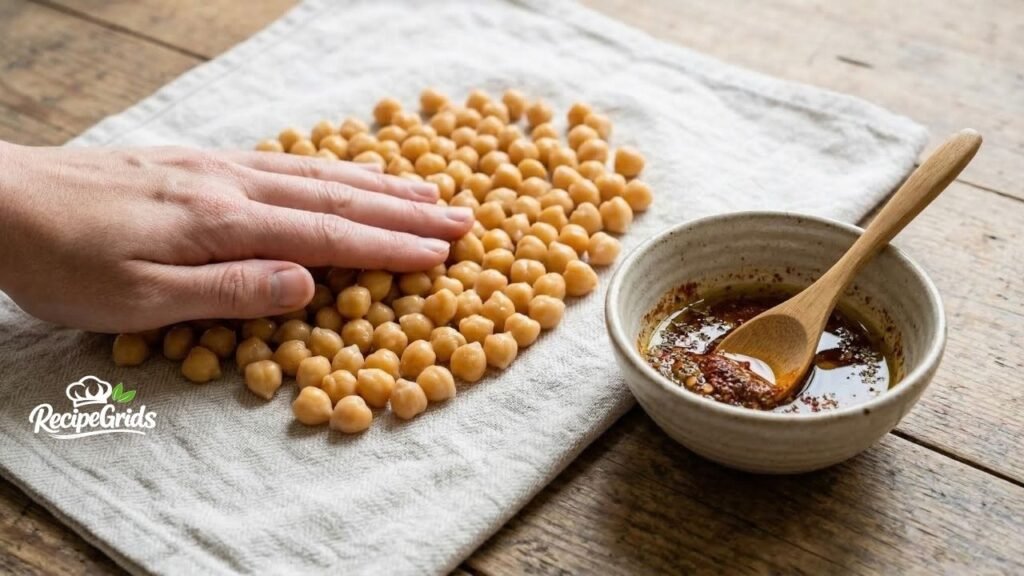 Close-up overhead photograph of a hand gently pressing a large pile of canned, cooked chickpeas (garbanzo beans) onto a textured beige linen towel to dry them. Next to the towel, a rustic ceramic bowl with a wooden spoon holds a red chili oil spice marinade for roasting, set on a rustic wooden table by RecipeGrids. The brand logo is visible in the bottom-left corner.
