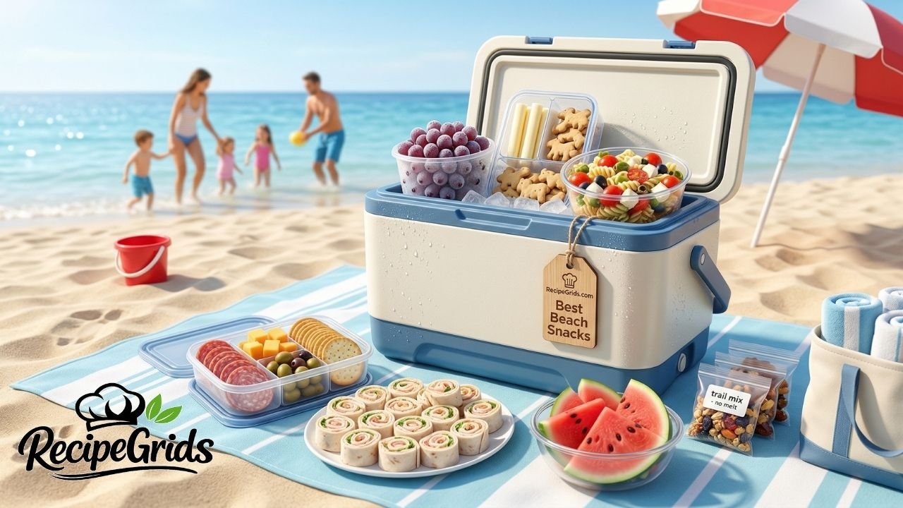 An open blue and white cooler packed with grapes, pasta salad, and snacks, surrounded by a plate of pinwheel sandwiches, a charcuterie bento box, fresh watermelon, and 'no-melt trail mix' on a beach towel. A family plays in the background ocean. RecipeGrids logo is featured.