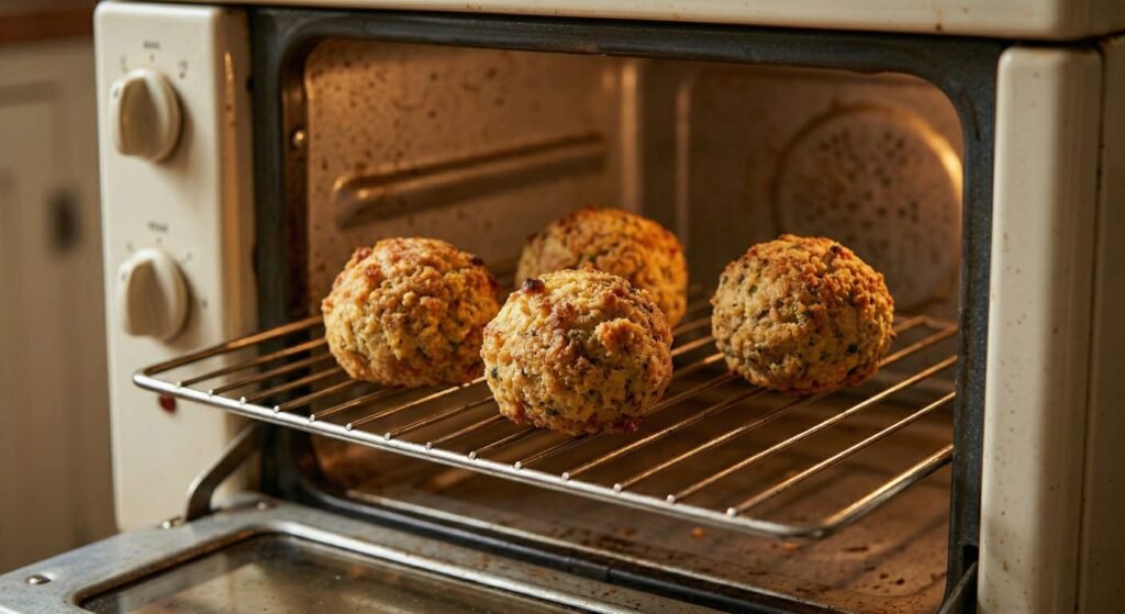 Four golden-brown 1940s bread stuffing balls being reheated on a wire rack inside an open vintage oven to restore their crispy exterior.