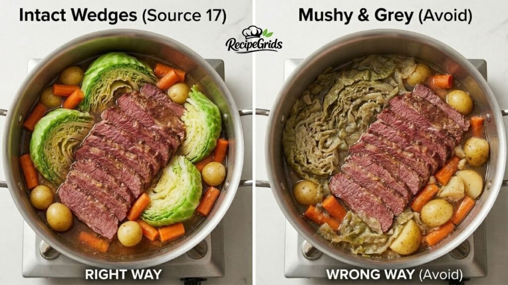 A side-by-side comparison showing the right way to cook cabbage in a pot with corned beef, featuring intact green wedges, next to the wrong way showing overcooked, mushy, and grey cabbage.