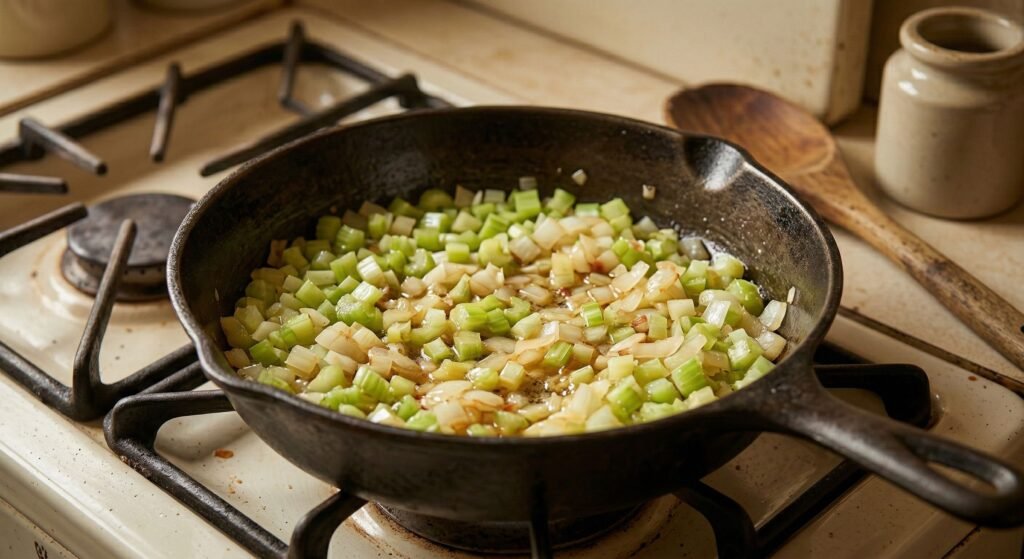 Sautéing Aromatics in Cast Iron Skillet for 1940s Stuffing