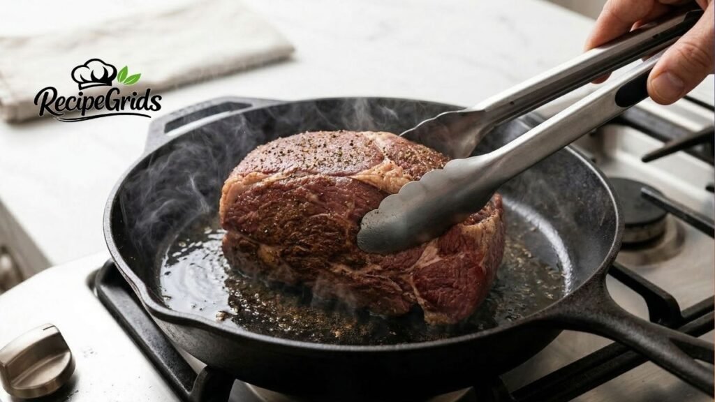 Using stainless steel tongs to sear a seasoned beef rump roast in a hot, steaming cast-iron skillet to lock in flavor before slow cooking.
